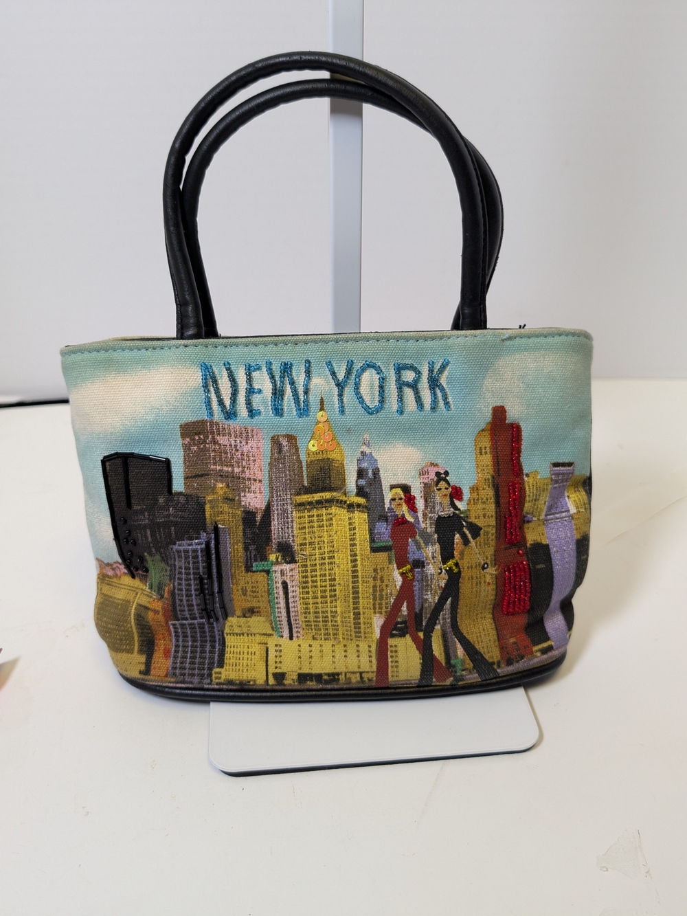 New York Skyline Mini Tote Bag in Multicolor with Black Handles